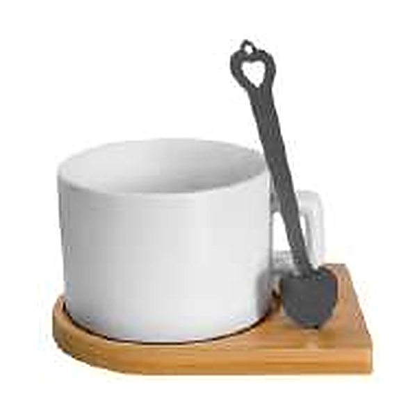 Taza Blanca Tipo Té 8oz con Base Madera y Cuchara en color Blanco - SKU: SUTZBBMCMPZA